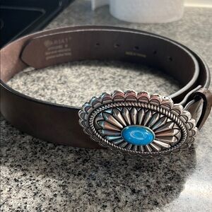 Ariat Dark Brown Belt with Ornate Silver and Blue Buckle